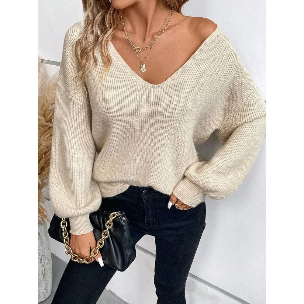 V Neck Sweater Women Off Shoulder Fitted Long Sleeve Knit Top Large